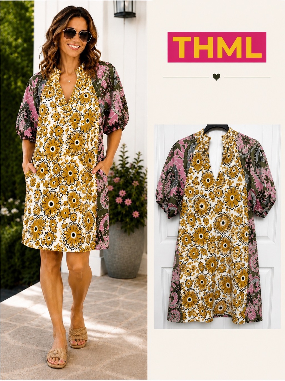 THML Floral Mixed-Print Smocked V-Neck Shift Dress
